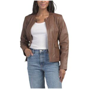COLE HAAN Leather Woven Detail Jacket